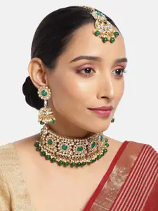 ASMITTA JEWELLERY Women 18K Gold-Toned Kundan Beaded Necklace Set with Maang Tika