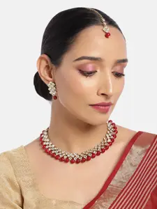 ASMITTA JEWELLERY Women Maroon & Gold-Toned Kundan Beaded Necklace Set with Mang Tika