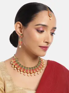 ASMITTA JEWELLERY Gold Toned Kundan Pearl Studded Color Choker Necklace Set