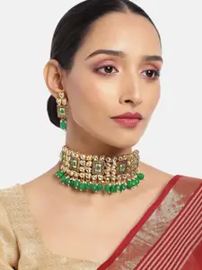 ASMITTA JEWELLERY Women 18K Gold-Plated Kundan Pearl Meenakari Choker Necklace Set