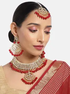 ASMITTA JEWELLERY Women Gold-Toned & Red Kundan Beaded Necklace Set with Maang Tika