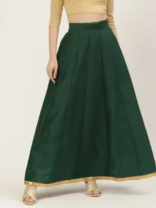 Studio Shringaar Women Green Solid Pleated Flared Maxi Skirt
