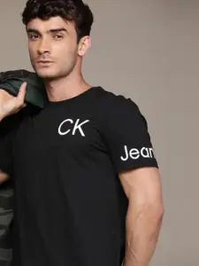 Calvin Klein Jeans Men Black & White Brand Logo Printed Pure Cotton Round Neck T-shirt