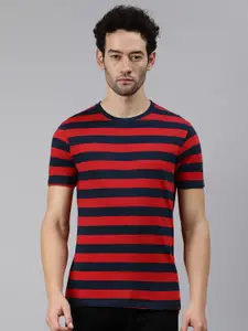 Urbano Fashion Men Red  Navy Blue Striped Slim Fit Pure Cotton T-shirt