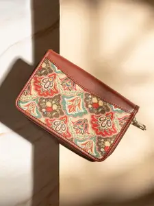 ZOUK Women Brown & Teal Printed Zip Around Wallet