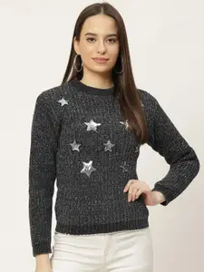 Duke Women Charcoal Grey & Silver Cable Knit Pullover with Embellished Detail