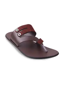 Mochi Men Brown & Maroon Leather Comfort Slip On Sandals