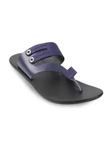 Mochi Men Blue & Black Leather Comfort Slip On Sandals