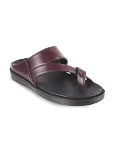 Mochi Men Maroon & Black Leather Comfort Slip On Sandals