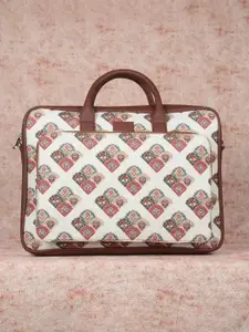 ZOUK Women White & Brown Printed Vegan Leather Laptop Bag