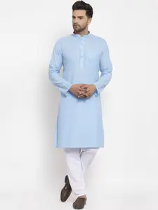 KRAFT INDIA Men Turquoise Blue & White Solid Regular Kurta With Pyjamas
