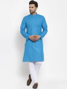 KRAFT INDIA Men Blue & White Checked Printed Cotton Blend Kurta With Pyjamas