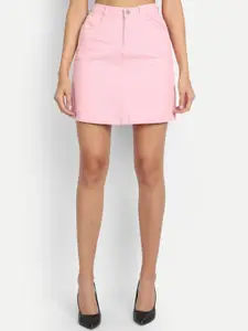 River Of Design Jeans Women Pink Solid Denim A-Line Skirt