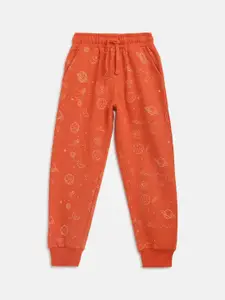 Lil Tomatoes Boys Orange Graphic Pure Cotton Straight-Fit Joggers