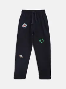 Lil Tomatoes Boys Navy Blue & Green Solid Straight-Fit Pure Cotton Track Pants