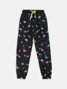 Lil Tomatoes Boys Navy Blue & Orange Animal Printed Straight-Fit Pure Cotton Joggers