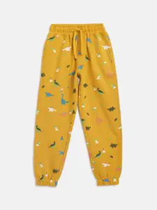 Lil Tomatoes Boys Mustard Yellow & Blue Animal Printed Pure Cotton Joggers