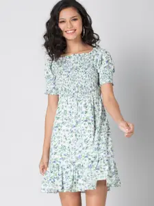 FabAlley White & Green Floral Printed Smocked Georgette Dress