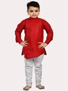 Superminis Boys Red Angrakha Pure Cotton Kurta with Pyjamas