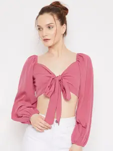 Berrylush Pink Sweetheart Neck Crepe Crop Top
