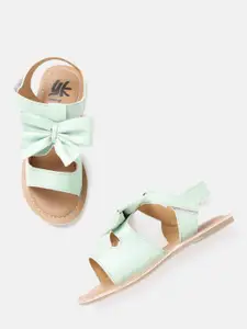 YK Girls Mint Green Solid Open Toe Flats with Bow Detail