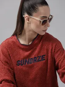 Roadster Women Red Sherpa Embroidered Sweatshirt