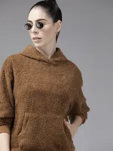 Roadster Women Brown Solid Hooded Sherpa Sweatshirt