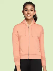 UTH by Roadster Girls Peach-Coloured Solid Hooded Sweatshirt