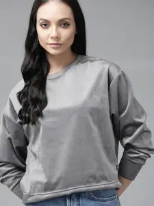 Roadster Women Grey Velour Sweatshirt