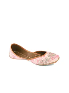 Coral Haze Women Pink Printed Mojaris with Embroidered Flats