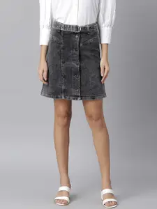 KASSUALLY Women Charcoal Washed Denim Straight Mini Skirt