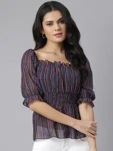 KASSUALLY Black & Blue Striped Georgette Cinched Waist Top