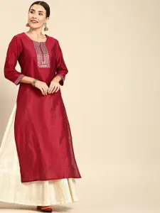 Varanga Women Maroon Ethnic Motifs Yoke Design Thread Work Kurta