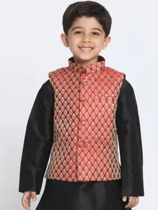 VASTRAMAY Boys Maroon & Beige Woven-Design Banarasi Brocade Woven Jacquard Slim-Fit Nehru Jacket