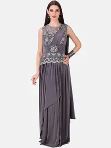 Grancy Grey Floral Embroidered Velvet Maxi Dress