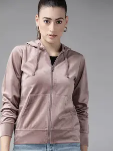 Roadster Women Taupe Solid Velour Hooded Sweatshirt