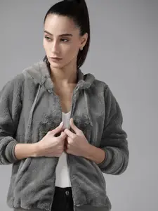 Roadster Roadster Women Grey Faux Fur Hooded Sweatshirt