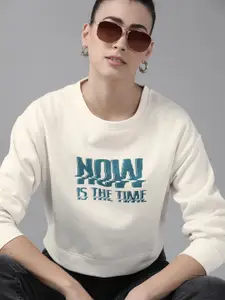 Roadster Roadster Women Off White & Teal Typography Printed Sweatshirt