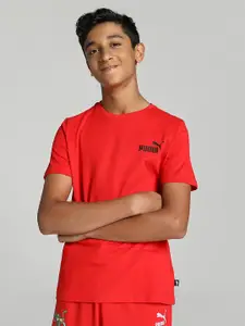Puma Boys Red Pure Cotton Solid Regular Fit Essential Small Logo Pure Cotton T-shirt