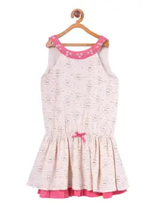 Miyo Girls Pink & White Printed Drop-Waist Dress