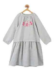 Miyo Girls Grey & Pink Floral Embroidered A-Line Dress