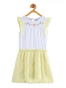 Miyo Girls Yellow & White Embroidered A-Line Dress