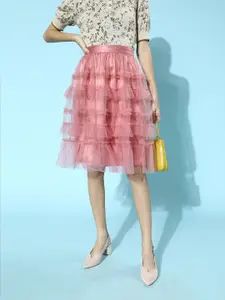 Antheaa Women Pink Flared Layered Tulle Net Midi Skirt