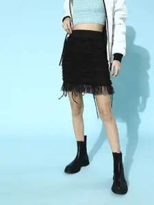Antheaa Women Black Solid Ruched Mini Flared Net Skirt