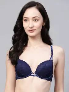 Marks & Spencer Navy Blue Abstract Plunge Bra - Underwired Lightly Padded