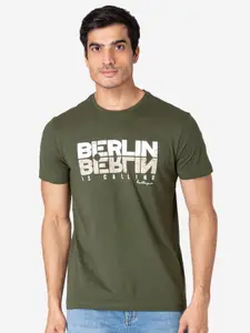 Red Tape Men Olive Green  White Typography Printed Pure Cotton T-shirt