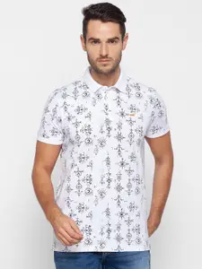 SPYKAR Men White Conversational Printed Polo Collar Slim Fit Cotton T-shirt