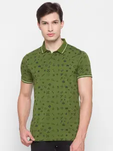 SPYKAR Men Green & Black Printed Polo Collar Slim Fit T-shirt