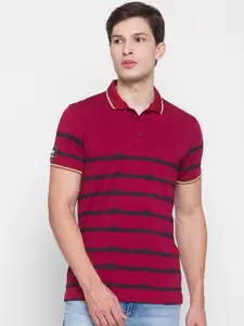 SPYKAR Men Red & Black Striped Polo Collar Slim Fit T-shirt