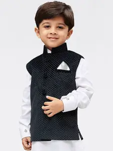 VASTRAMAY Boys Black & Grey Printed Slim-Fit Velvet Nehru Jacket